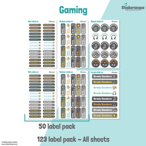 50 or 123 Stick on Name Labels, Gaming Name Labels, School Name ...