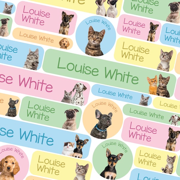 Personalised puppies and kittens name labels, School name tags, School name labels