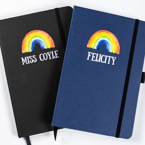 Personalised notebook, A5 teacher notebook, line pages, rainbow notebook design, black notebook