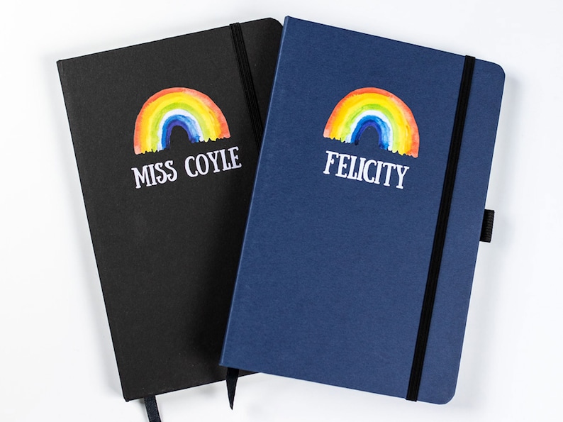 Personalised notebook, A5 teacher notebook, line pages, rainbow notebook design, black notebook