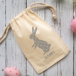 Personalised Easter Egg bag, Grey Bunny Drawstring Bag, Easter gift, Easter Egg Gift Bag