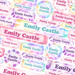 50 or 123 Stick On Name Labels, Pink Tie Dye Name Labels, Pastel School Name Stickers, School Name Tags, Children’s Name Labels for Clothes