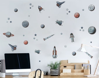 Space Exploration wall sticker pack, Space wall stickers, Rocket wall decal, Rocket wall decor, Space themed bedroom, Blue Space wall decal