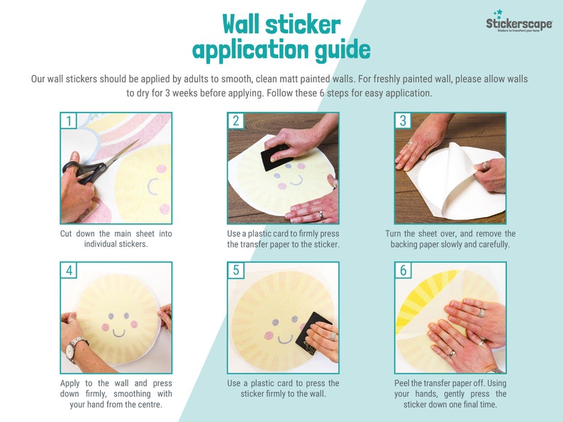 May include: A six-step guide for applying wall stickers. The guide shows a person cutting out a sticker, using a plastic card to press the transfer paper to the sticker, turning the sheet over and removing the backing paper, applying the sticker to the wall, pressing the sticker firmly to the wall, and peeling off the transfer paper. The guide includes the text "Wall sticker application guide" and "Stickerscape".