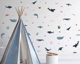 Paquete de pegatinas de pared Ocean Friends, calcomanías de pared submarinas, pegatinas de ballenas para paredes, habitación temática submarina, pegatinas de pared del océano