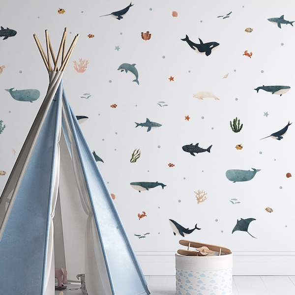 Oceaanvrienden muurstickerpakket, onderwatermuurstickers, walvisstickers voor muren, onderwaterthemakamer, oceaanmuurstickers