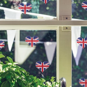 Union Jack Hearts window stickers, Coronation window decorations, Coronation window decor, Coronation window display, Coronation shop window