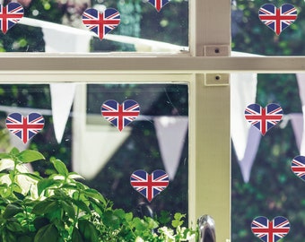 Union Jack Hearts window stickers, Coronation window decorations, Coronation window decor, Coronation window display, Coronation shop window