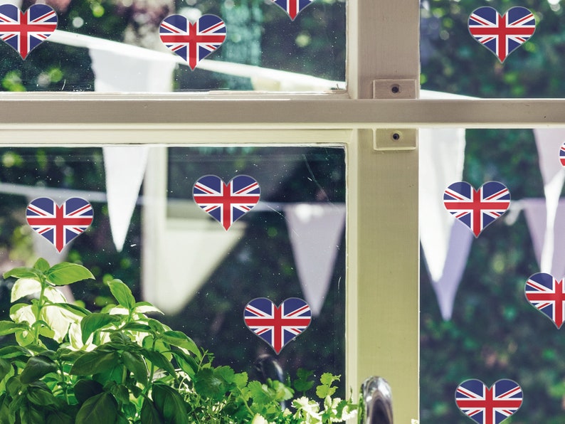 Union Jack Hearts window stickers, Jubilee window decorations, Jubilee window decor, Jubilee window display, Jubilee shop window 