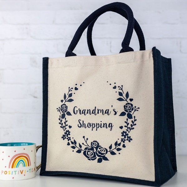 Personalised Grandma's Wreath Shopping Canvas Bag, Mothers day gift, Gift for Nana, Mother's Day gift for Grandma, Personalised present