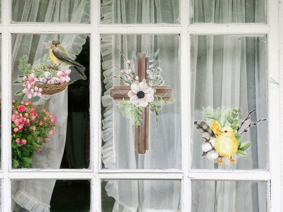 Vetrofania Primavera Uccelli e Croce, Decorazione Pasquale