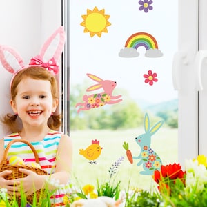 Bunnies and Rainbows window sticker, Spring window sticker, Easter window sticker, Bunny window decal, Colourful bunny window sticker