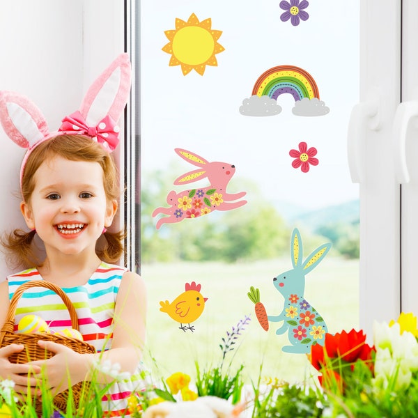 Raamsticker Konijntjes en Regenbogen, Raamsticker Lente, Raamsticker Pasen, Raamsticker Konijntje, Raamsticker Kleurrijk konijntje