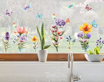 Adesivi Fiori Per Vetri | Decalcomanie Primaverili Colorate Rimovibili | Per Porte, Specchi, Pareti, Bagno, Cucina, Casa, Hotel, Ristorante