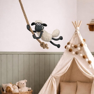 Shaun the Sheep Swinging on Rope Wall Sticker | Official Aardman Nursery Decor