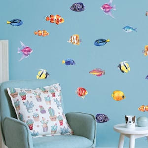 Bright Watercolour Fish Wall Sticker Pack, Underwater Wall Decals, Fish Stickers for Walls, Underwater Themed Room, Ocean Wall Stickers