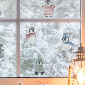 Pinguïn raamstickers, Kerst raamstickers, Kerst raamstickers, Kerst Pinguïn raamstickers, Aquarel Pinguïns
