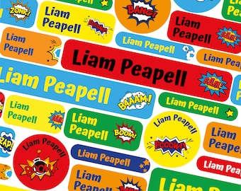May include: Colorful, rectangular and round stickers with the name "Liam Peapell" printed on them. The stickers feature various comic book-style designs, including "BAAAM!" and "BOOM!" with stars and other graphic elements.