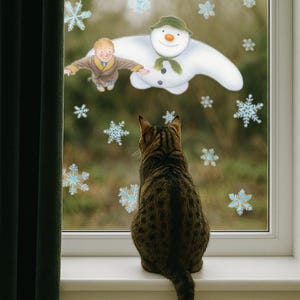 May include: A domestic tabby cat looks out of a window at a winter scene. A snowman with a green hat and scarf floats near a boy in a brown coat, surrounded by snowflakes. The image has a storybook illustration style.