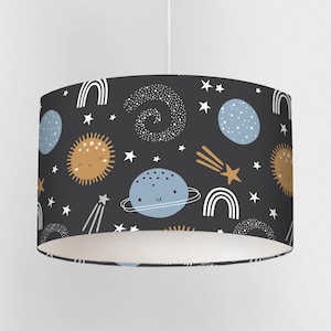 Blue and Gold Space Lampshade for Nursery or Kids Room – Handmade Ceiling or Lamp Shade – Stars and Moon Design – 3 Sizes – UK Made