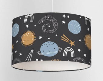 Blue and Gold Space Lampshade for Nursery or Kids Room – Handmade Ceiling or Lamp Shade – Stars and Moon Design – 3 Sizes – UK Made