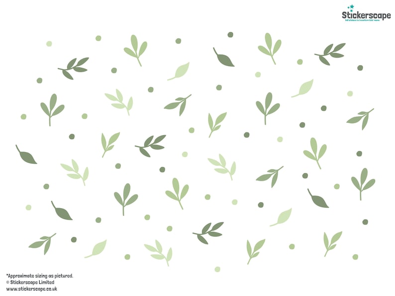 May include: A white background with a repeating pattern of green leaves and small green dots. The leaves are in various shades of green and are arranged in a random pattern.