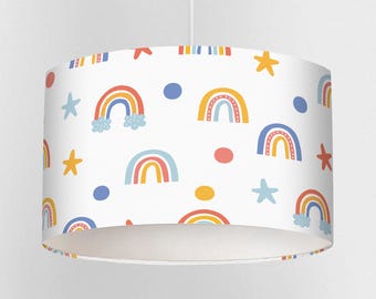 Bright Rainbow Lampshade for Nursery or Kids Room – Handmade Ceiling or Lamp Shade – Stars and Rainbows Design – 3 Sizes – UK Made
