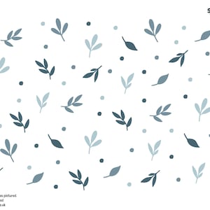 May include: A white background with a repeating pattern of blue and gray leaves and dots. The leaves are in various shades of blue and gray, and the dots are all gray.