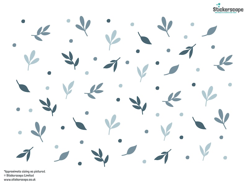 May include: A white background with a repeating pattern of blue and gray leaves and dots. The leaves are in various shades of blue and gray, and the dots are all gray.