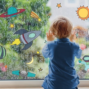 Hand Drawn Space window stickers, Space window decals, Space themed bedroom decor, Rocket window sticker, Planet window sticker