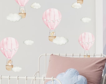 Pink Hot Air Balloon Wall Stickers – Pastel Nursery Décor, Baby Room Wall Decals, Removable Hot Air Balloon Stickers for Kids' Bedroom