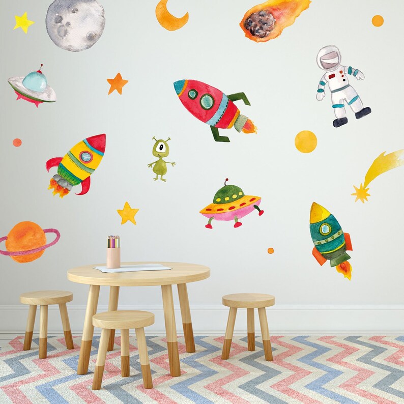 Outer Space Wall Sticker Set Space Wall Sticker Rocket Wall Etsy