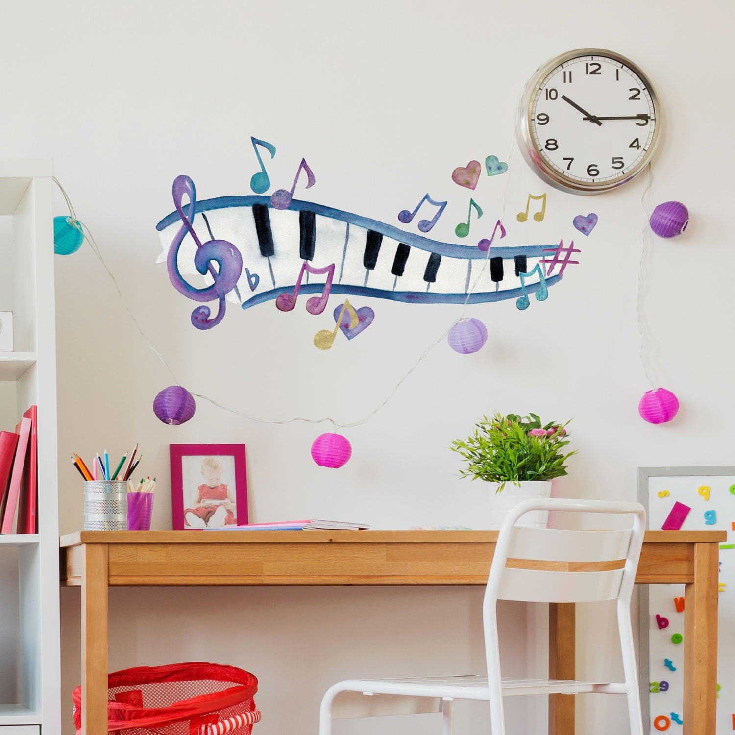 Watercolour piano and music notes wall sticker, Music wall decal