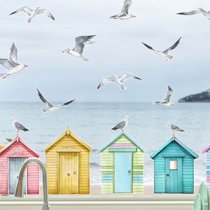 Beach Hut and Seagulls window stickers, Bird window decoration, Summer window sticker, Beach window stickers