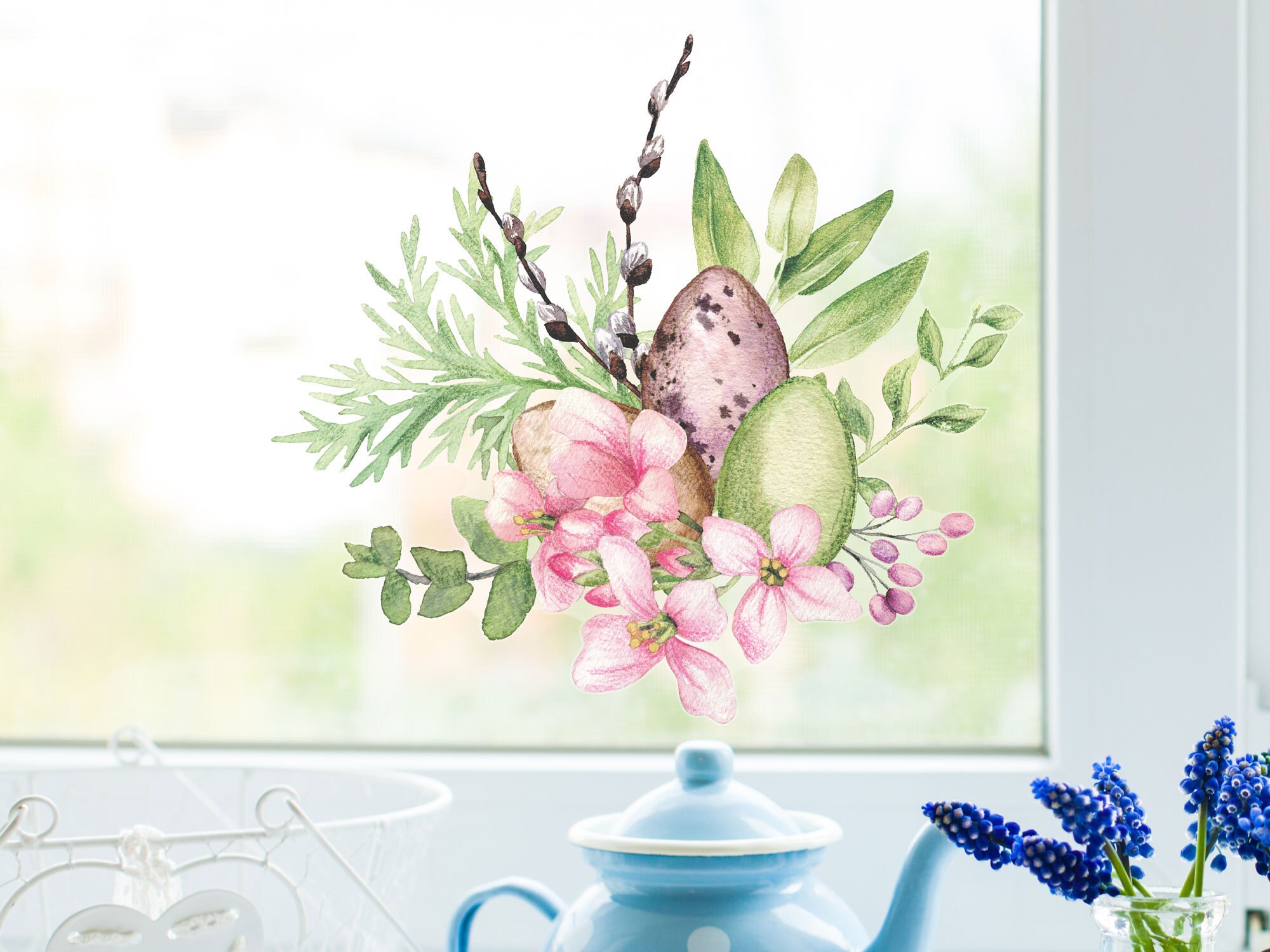 Vetrofania floreale con uova di Pasqua, decorazione pasquale