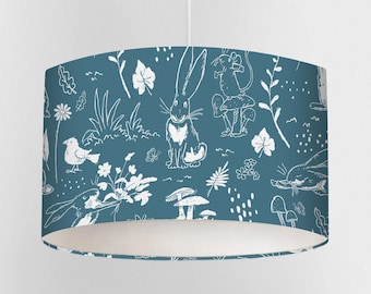 Blue Sketch Hares Lampshade – Guess How Much I Love You Nursery Light Shade – Handmade UK – Ceiling or Lamp Base – Baby Room Decor