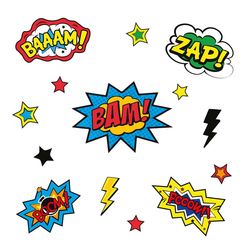 May include: A set of colorful comic book style sound effects with words like "BAM!" and "POW!"  There are also stars and lightning bolts in the image.