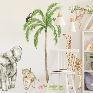 Watercolour Jungle Scene wall sticker pack, Jungle wall stickers, Safari wall stickers, Jungle room decor, Elephant wall sticker image 1