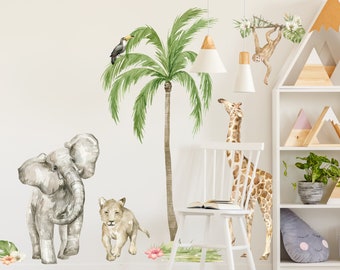 Watercolour Jungle Scene wall sticker pack, Jungle wall stickers, Safari wall stickers, Jungle room decor, Elephant wall sticker