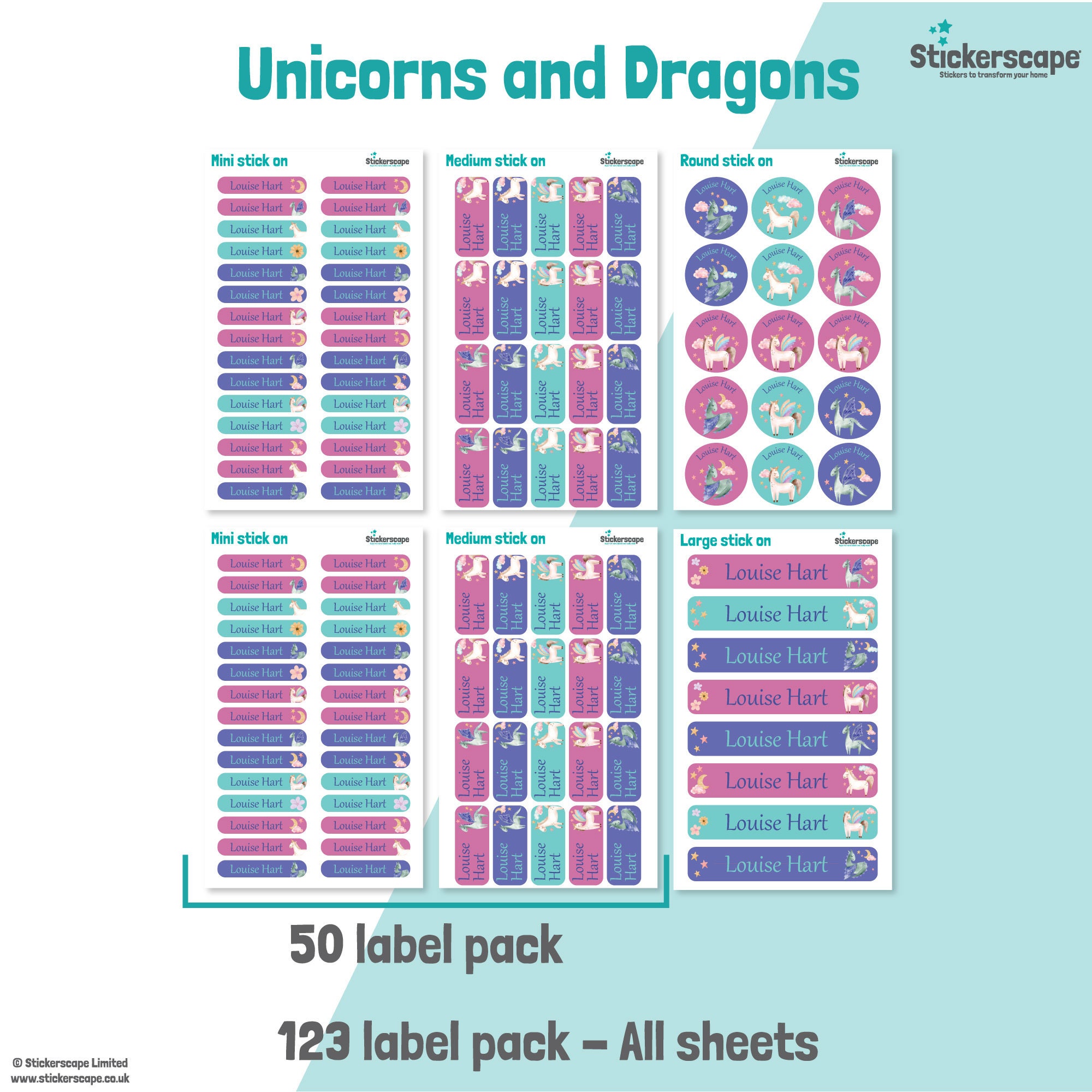 50 or 123 Stick on Name Labels, Unicorn Name Labels, School Name ...