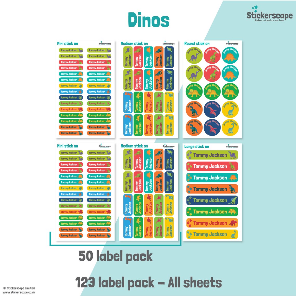 50 or 123 Stick on Name Labels, Dinosaur Name Labels, School Name ...