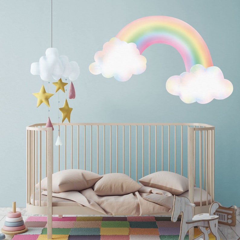 Adesivo murale Arcobaleno pastello con nuvole, Adesivo murale arcobaleno, Decalcomania arcobaleno, Decorazione murale arcobaleno, Camera da letto a tema unicorno Large