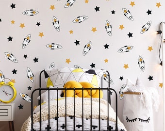 Black and Orange Rocket Wall Sticker Pack, Space Wall Stickers, Rocket Wall Stickers, Space Stickers for Walls, Space Themed Room