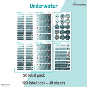 May include: A set of 123 personalised name labels featuring an underwater theme. The labels come in three sizes: mini, medium, and large. The labels feature a variety of sea creatures, including dolphins, whales, fish, and starfish. The labels are printed on white paper with a blue and green colour scheme. The text on the labels reads "Lola Roberts".