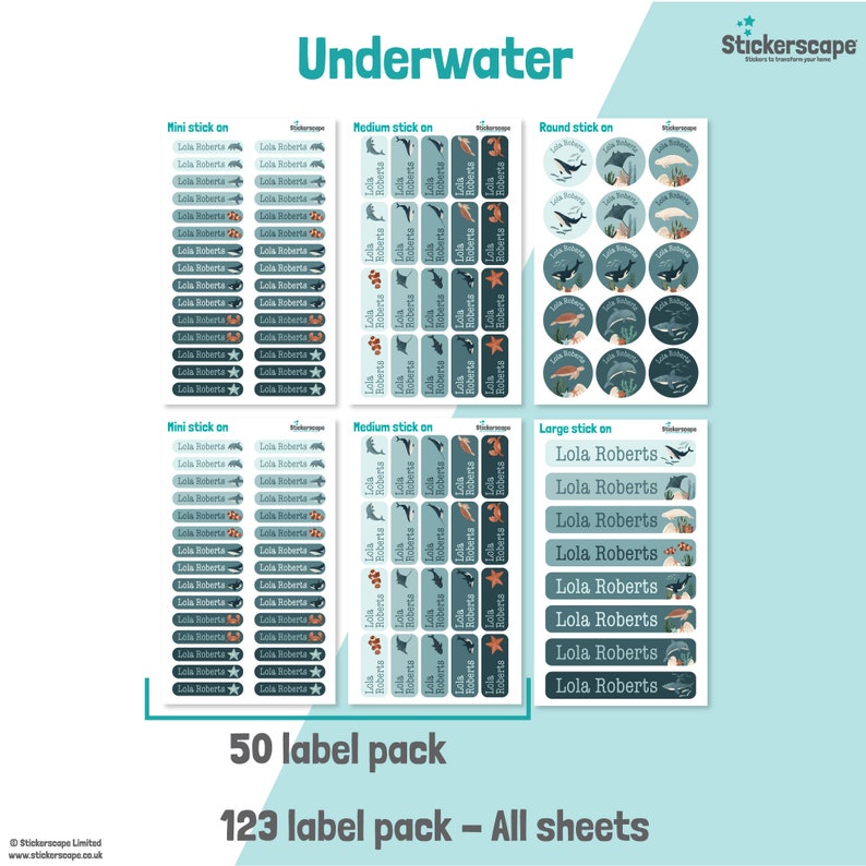May include: A set of 123 personalised name labels featuring an underwater theme. The labels come in three sizes: mini, medium, and large. The labels feature a variety of sea creatures, including dolphins, whales, fish, and starfish. The labels are printed on white paper with a blue and green colour scheme. The text on the labels reads "Lola Roberts".
