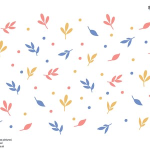 May include: A white background with a repeating pattern of blue, pink, and yellow leaves. The leaves are in various sizes and shapes. There are also small blue dots scattered throughout the pattern.