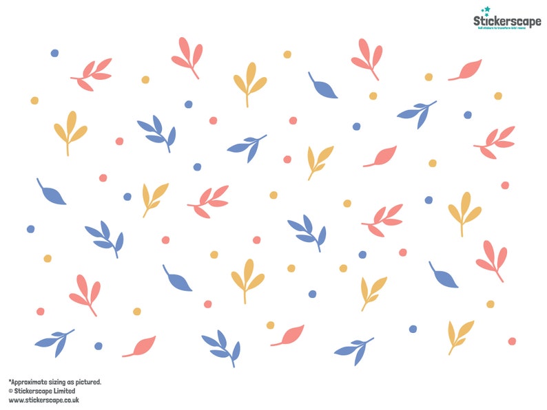 May include: A white background with a repeating pattern of blue, pink, and yellow leaves. The leaves are in various sizes and shapes. There are also small blue dots scattered throughout the pattern.