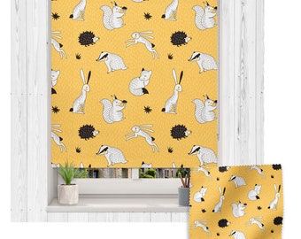 Yellow woodland roller blind, Children's roller blind, Made to measure, animal roller blind