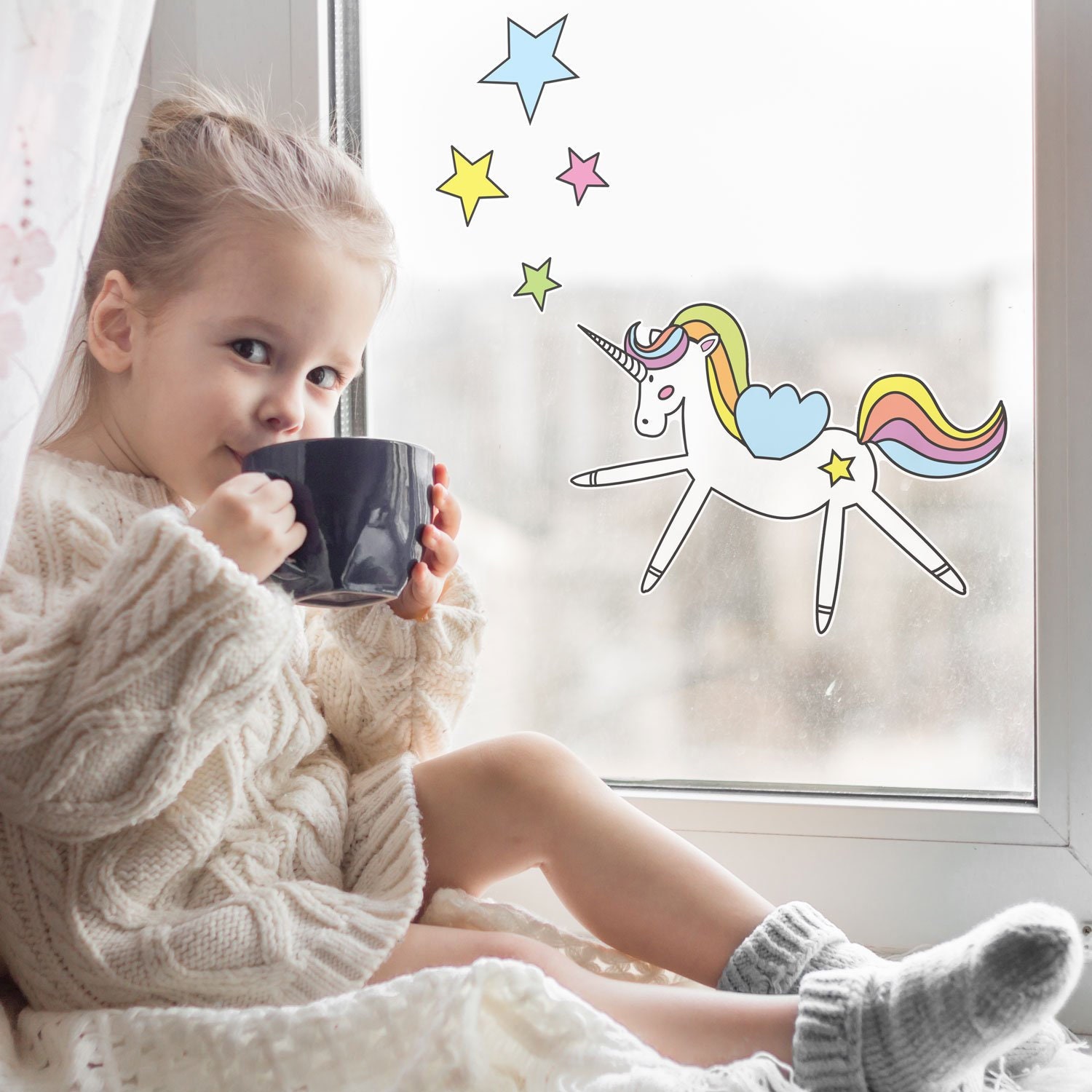 Unicorn and stars window stickers, rainbow window decal, unicorn room decor, unicorn window decal