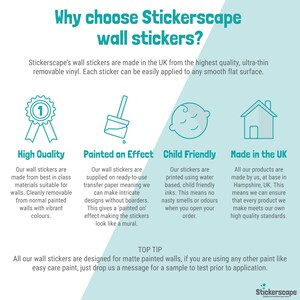May include: A graphic with four icons representing the benefits of Stickerscape wall decals. The icons are: high quality, painted on effect, child friendly, and made in the UK. The text "Why choose Stickerscape wall stickers?" is at the top of the graphic. The text "Stickerscape's wall stickers are made in the UK from the highest quality, ultra-thin removable vinyl. Each sticker can be easily applied to any smooth flat surface." is below the title. The text "TOP TIP" is at the bottom of the graphic. The text "All our wall stickers are designed for matte painted walls, if you are using any other paint like easy care paint, just drop us a message for a sample to test prior to application." is below the "TOP TIP" text. The Stickerscape logo is at the bottom right corner of the graphic.